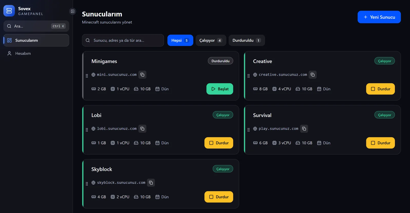 Sovex GamePanel Sunucularım ekranı: beş sunucu, durum etiketleri, RAM, işlemci ve disk bilgisi, Başlat ve Durdur düğmeleri